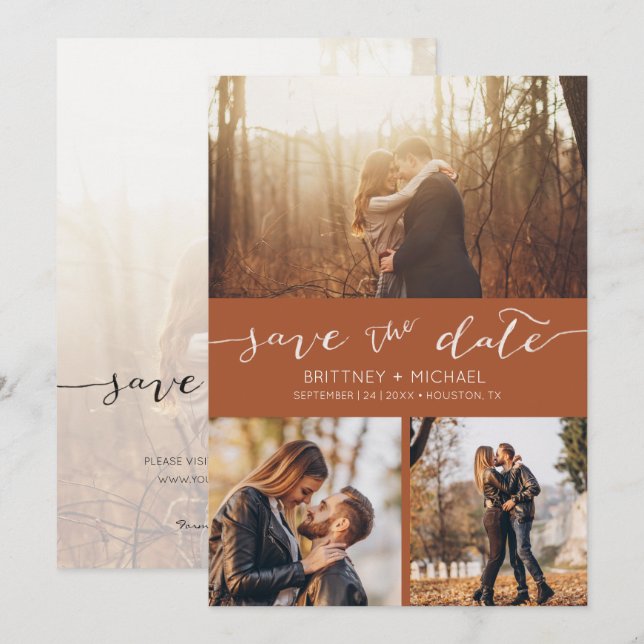 Modern Photo Collage Terracotta Save the Date Announcement (Front/Back)