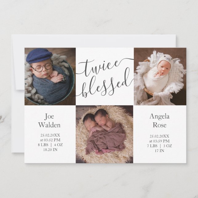 Modern Photo Collage Twins Two Babies Birth Announcement (Front)