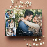 Modern Photo Collage White Script Wedding Save The Date<br><div class="desc">Chic wedding save the date flat card that features your engagement photo overlayed with a strip of three smaller square photos and "Save the Date" in a stylish white script. Add your first names and wedding date in simple modern white typography. On the reverse side, personalise your save the date...</div>