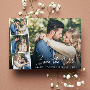 Modern Photo Collage White Script Wedding Save The Date