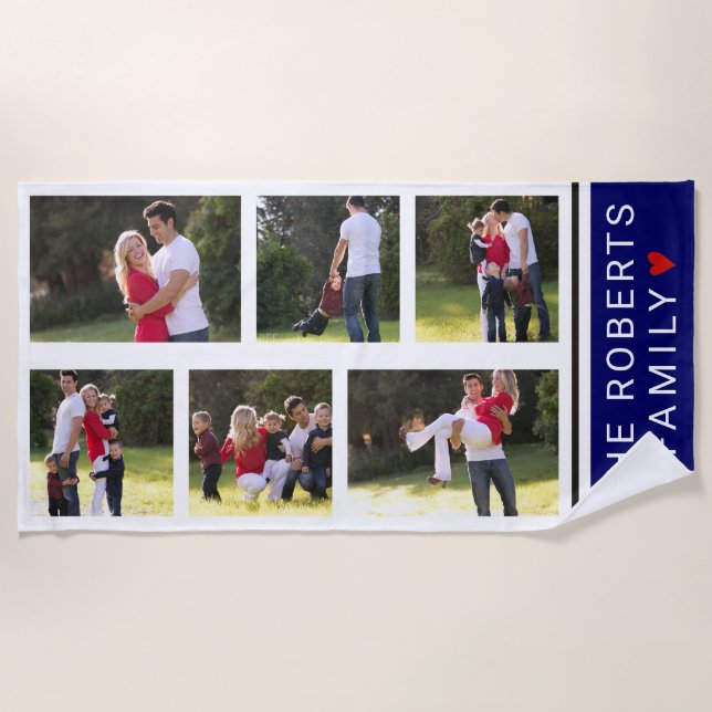 Modern photo collage with six photos navy blue beach towel (Front)