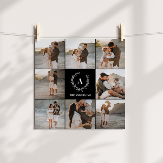 Modern photo collage wreath monogram family black poster (Creator Uploaded)