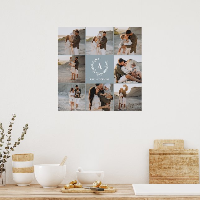 Modern photo collage wreath monogram family blue poster (Kitchen)