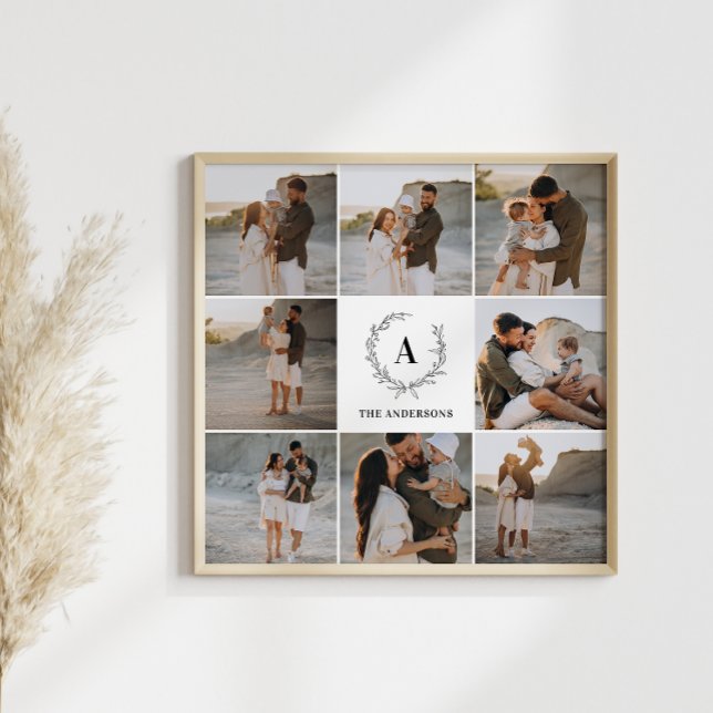 Modern photo collage wreath monogram family poster (Creator Uploaded)