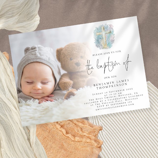Modern Photo Cross Blue Baptism Invitation (Creator Uploaded)