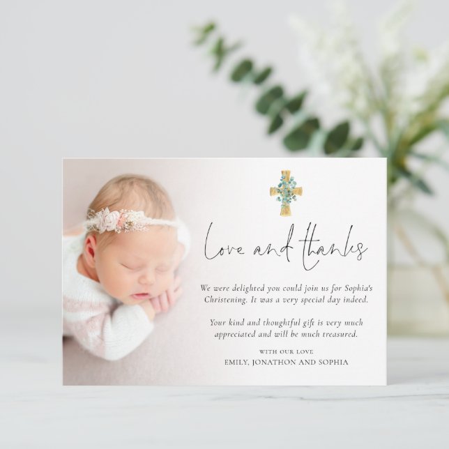 Modern Photo Cross Christening Baptism Love Thanks Card (Standing Front)
