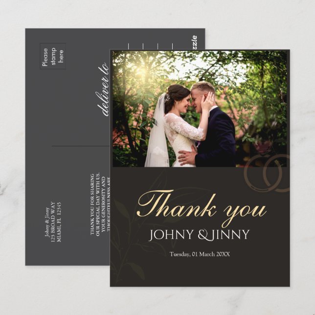 Modern photo customizable black  wedding  postcard (Front/Back)