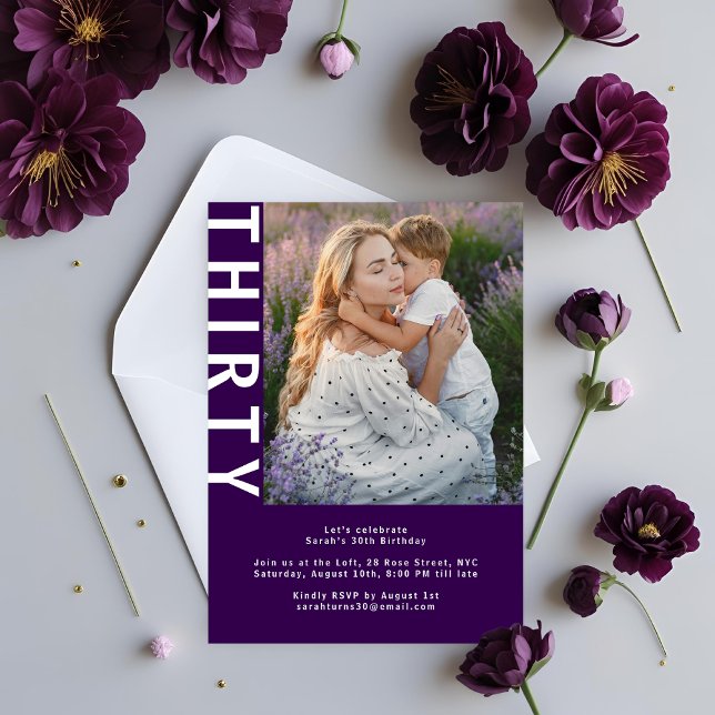 Modern Photo Dark Purple 30th Birthday Invitation  (Creator Uploaded)