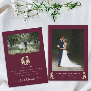Modern Photo Dinosaur Theme Wedding Burgundy Cream Thank You Card