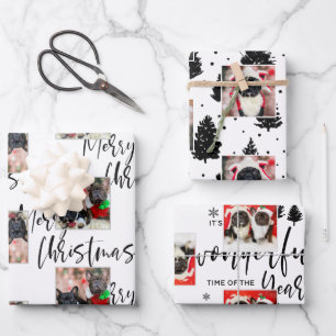 Modern Photo Dog Black White Typography Christmas  Wrapping Paper Sheet