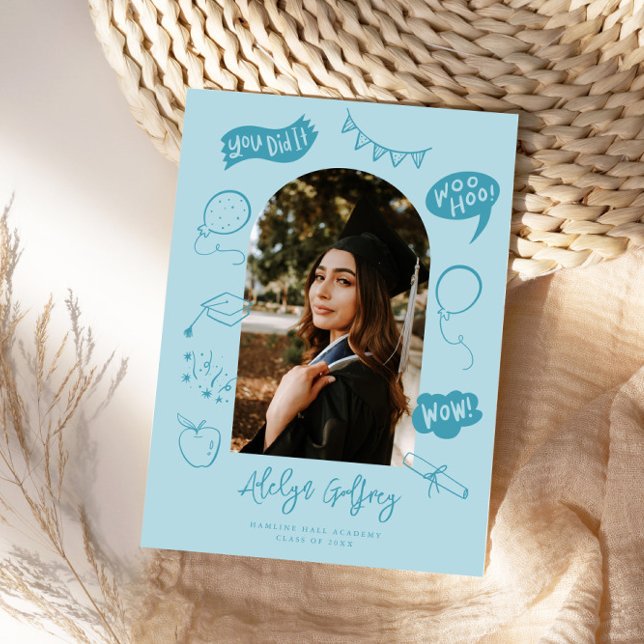 Modern Photo Doodle Graduation Blue Announcement (Creator Uploaded)