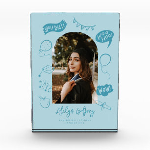 Modern Photo Doodle Graduation Blue Keepsake Block