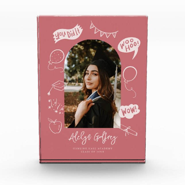Modern Photo Doodle Graduation Blush Pink Keepsake Block (Front)