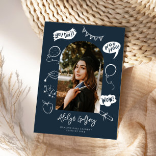 Modern Photo Doodle Graduation Navy Blue Announcement