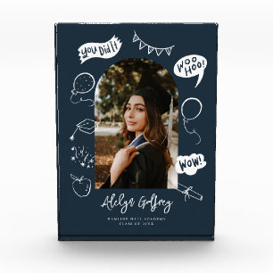 Modern Photo Doodle Graduation Navy Blue Keepsake Block