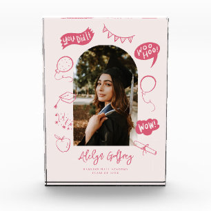 Modern Photo Doodle Graduation Pink Keepsake Block