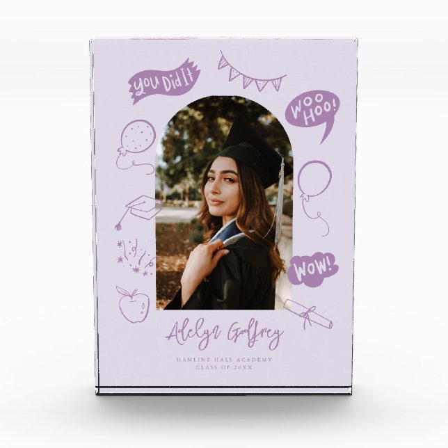 Modern Photo Doodle Graduation Purple Keepsake Block (Front)