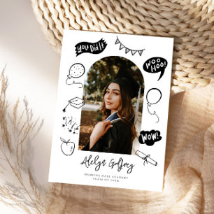 Modern Photo Doodle Graduation White Graduation Announcement