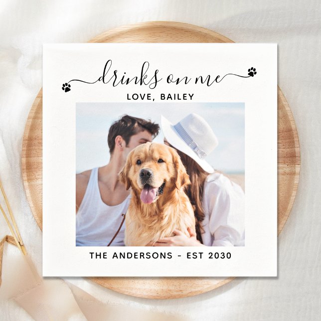 Modern Photo Drinks On Me Dog Bar Pet Wedding Napkin (Creator Uploaded)