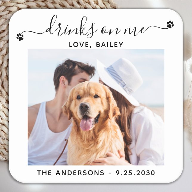 Modern Photo Drinks On Me Dog Bar Pet Wedding Square Paper Coaster (Creator Uploaded)