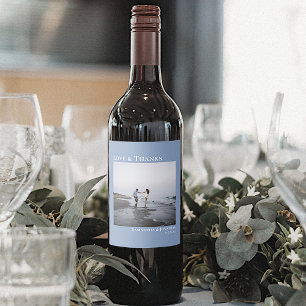 Modern Photo Dusty Blue Love & Thanks Wedding Wine Label