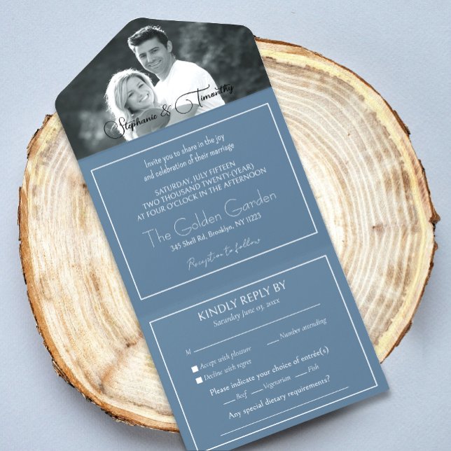 Modern Photo Dusty Blue Wedding RSVP All In One Invitation (Simplify your wedding with our all-in-one invitation – convenience and beauty in a single card.)