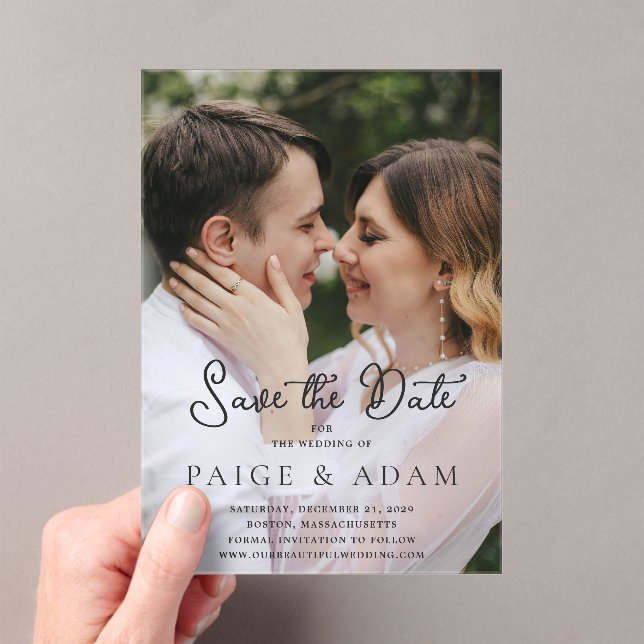 Modern Photo Editorial Wedding Save the Date Acrylic Invitations (Insitu (Handheld))