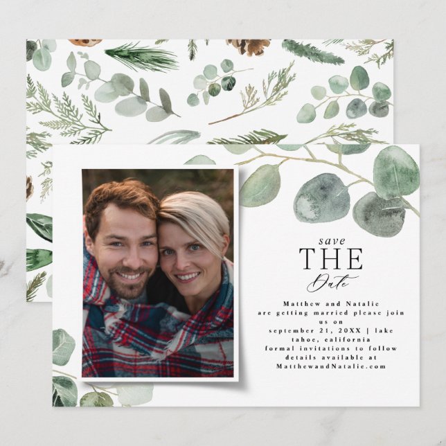 Modern photo elegant eucalyptus save the date holiday card (Front/Back)