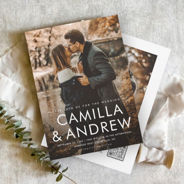 Modern Photo Elegant QR code Wedding Invitation (A minimal 2 photo wedding invitation with simple typographic overlay and QR Code rsvp on the back.)