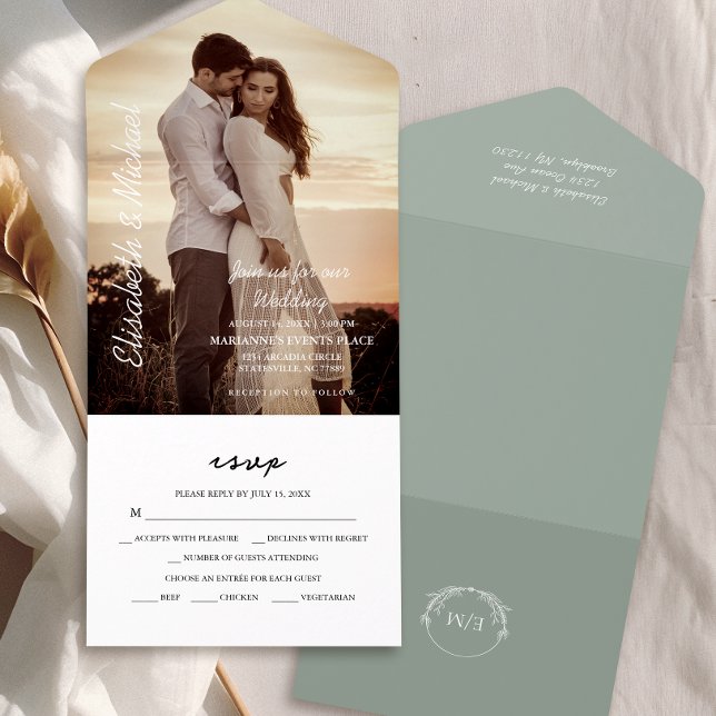 Modern Photo Elegant Sage Green Wedding All In One Invitation (Simplify your wedding with our all-in-one invitation – convenience and beauty in a single card.)