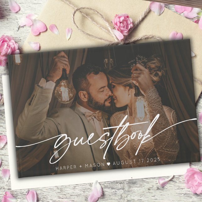 Modern Photo Elegant Script Monogram Wedding Guest Book (Creator Uploaded)