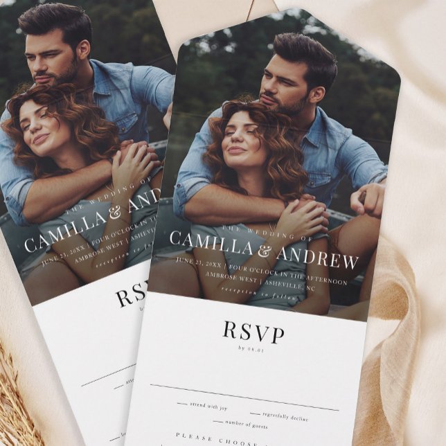 Modern Photo Elegant Stylish RSVP Wedding All In One Invitation (Simple typography overlay all-in-one photo wedding invitation with tear off RSVP card.)