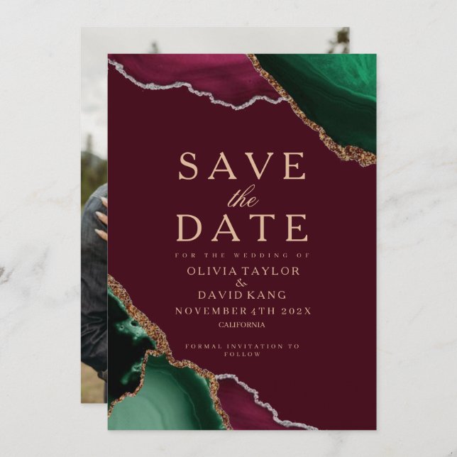 Modern Photo Emerald Agate Burgundy Save the Date  (Front/Back)