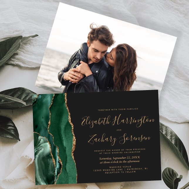 Modern Photo Emerald Green Gold Agate Dark Wedding Invitation (Creator Uploaded)