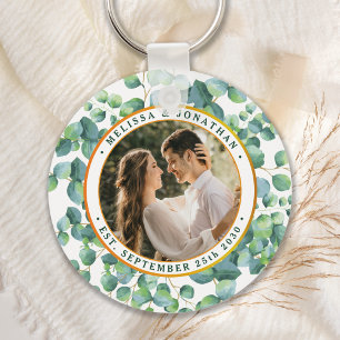Modern Photo Eucalyptus Greenery Gold Wedding Key Ring