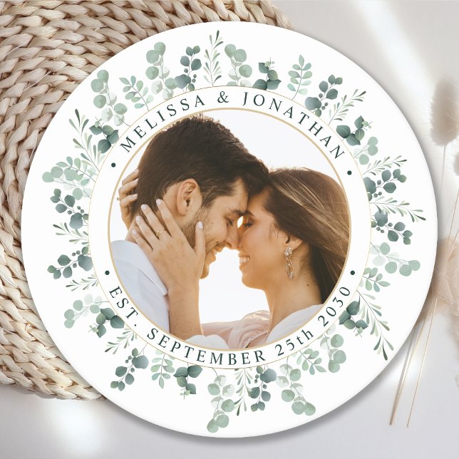 Modern Photo Eucalyptus Personalised Wedding Classic Round Sticker (Creator Uploaded)