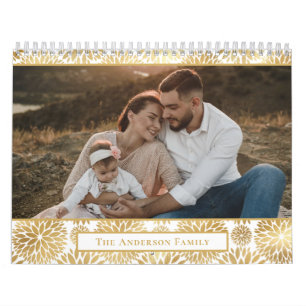 Modern Photo Family Elegant Gold Foil Floral Calendar