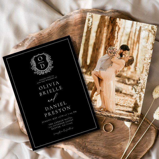 Modern Photo Floral Crest Monogram Wedding Formal Invitation (Creator Uploaded)