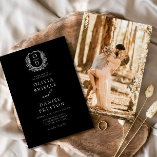 Modern Photo Floral Crest Monogram Wedding Formal Invitation