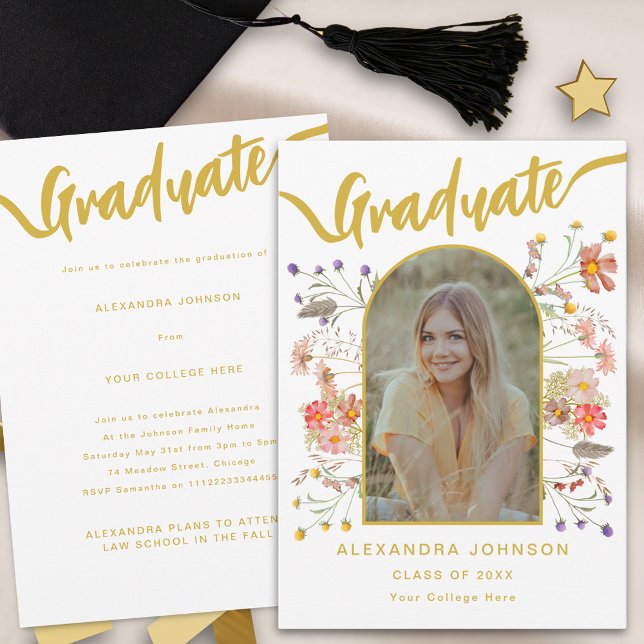 Modern Photo Floral Graduation Announcement Party (Modern boho floral photo arch graduation announcement party invitation Stylish trendy gold script )