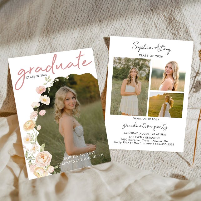 Modern Photo Floral Graduation Party Invitation (Creator Uploaded)