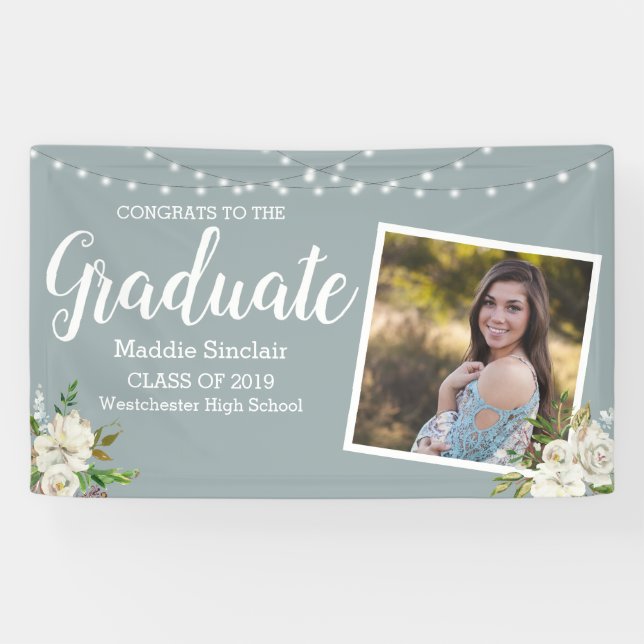 Modern Photo Floral String Lights Graduation Banner (Horizontal)