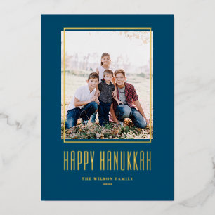 Modern Photo Frame Blue Happy Hanukkah Foil Holiday Card