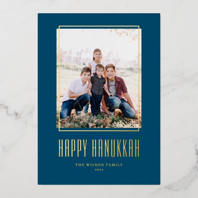 Modern Photo Frame Blue Happy Hanukkah Foil Holiday Card (Front)