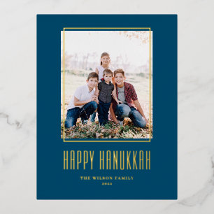 Modern Photo Frame Blue Happy Hanukkah Foil Holiday Postcard