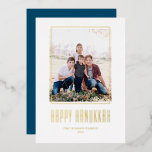 Modern Photo Frame Happy Hanukkah Foil Holiday Card<br><div class="desc">Happy Hanukkah! Send Hanukkah wishes to family and friends with this customisable gold foil Hanukkah card. It features modern typography and a simple photo frame. Personalise by adding names and a photo. This gold foil Happy Hanukkah card is available on other cardstock.</div>