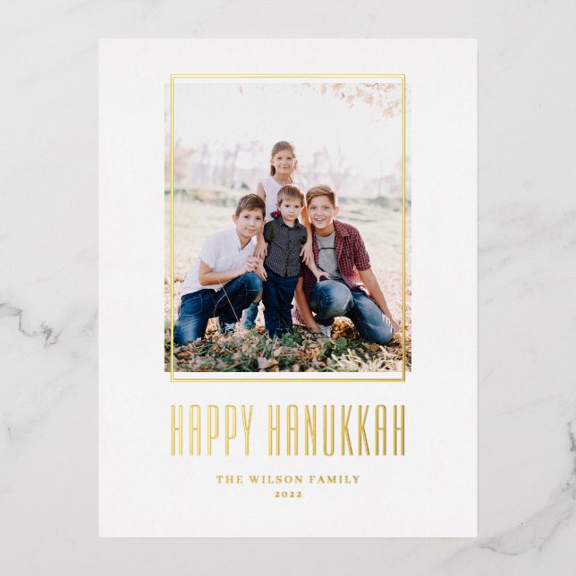 Modern Photo Frame Happy Hanukkah Foil Holiday Postcard (Front)