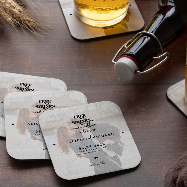 Modern photo free drinks wedding save the date coaster (Creator Uploaded)