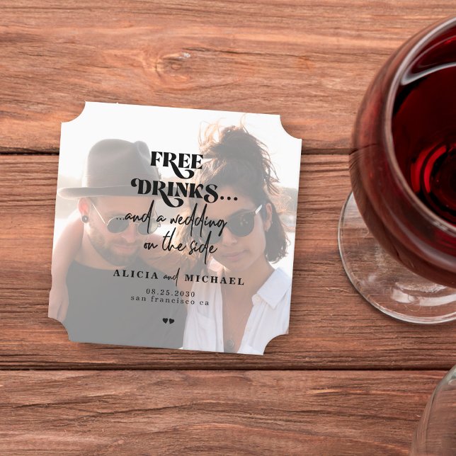 Modern photo free drinks wedding save the date paper coaster (Creator Uploaded)