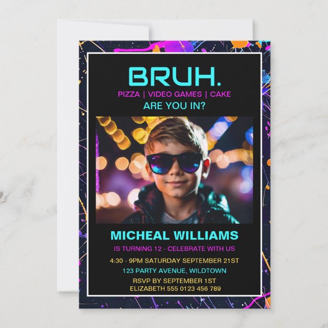 Modern Photo Gamer Neon Birthday Invitation (Front)
